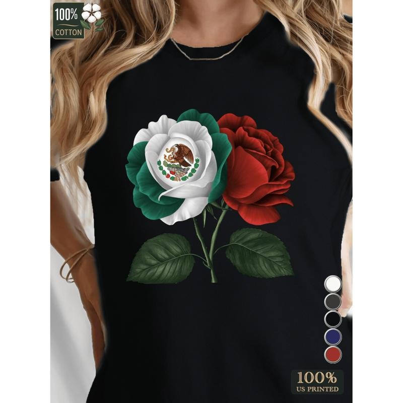 American Independence Day T-shirtMexican Rose Illustration Womens T Shirt Pure Cotton Casual Short Sleeve Crew Neck Loose...
