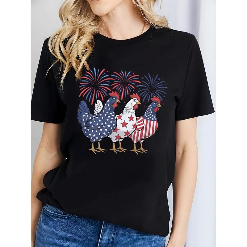 American Independence Day T-shirtWomen's Patriotic American Flag Chicken Fireworks Print T-Shirt Round Neck Casual Top...