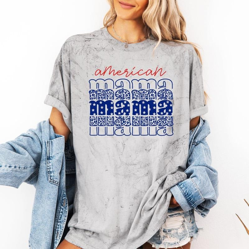 American Mama, Retro, Patriotic, Stars, Leopard, 4th of July, Color Blast Tshirt Comfort Colors T-Shirt, Women's Comfort...