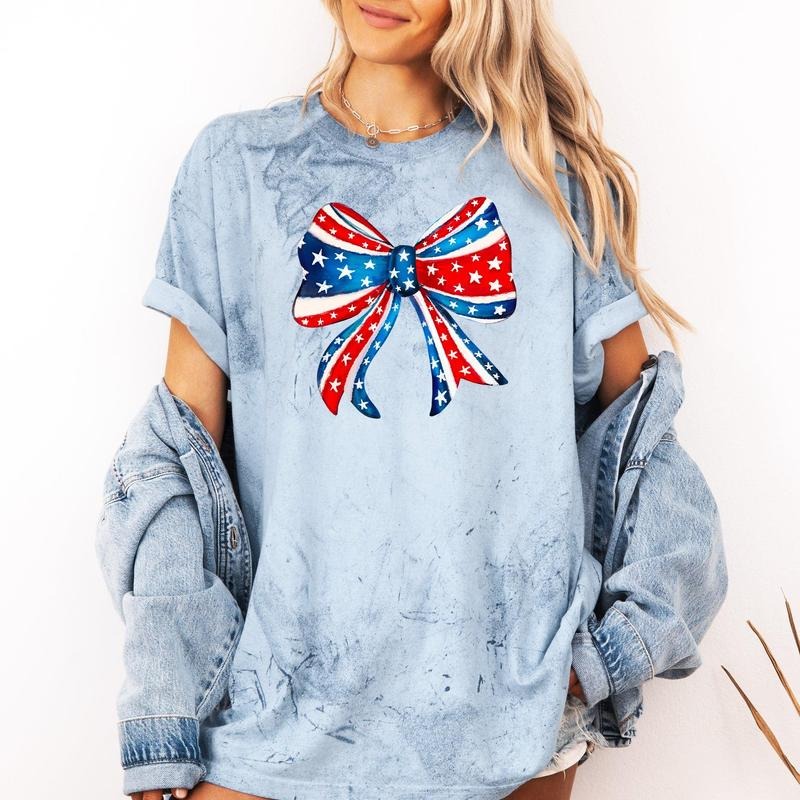American, Bow, Red, White, Blue, Patriotic, 4th of July, Color Blast Tshirt Comfort Colors T-Shirt, Women's Comfort...
