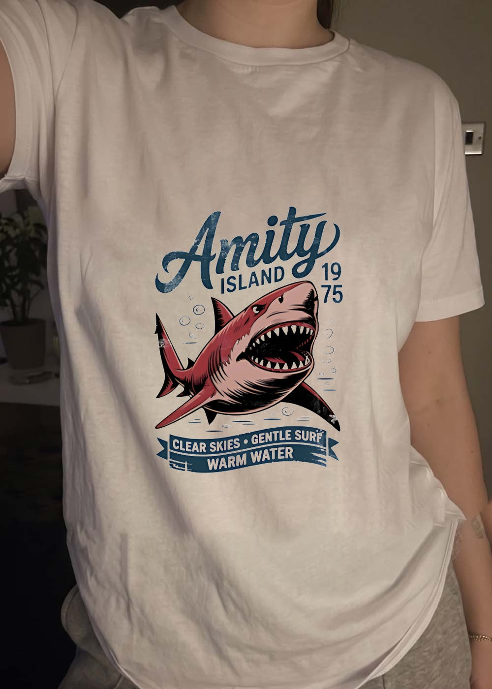 Amity Island 1975 Clear Skies Gentle Surf Warm Water Shark Graphic T-Shirt