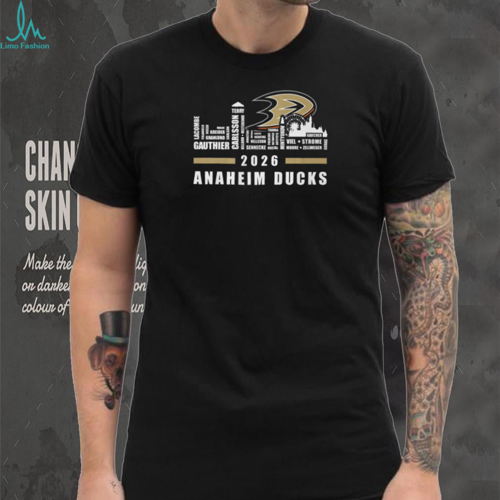Anaheim Ducks 2026 Player Names Skyline Silhouette Orange Black Hockey Fan T Shirt