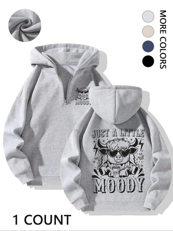 Animal Lover Casual Cozy Half-Zip Hoodie - "Just A Little Moody" Edgy Highland Cow Graphic Top T-Shirts, Sweatshirt