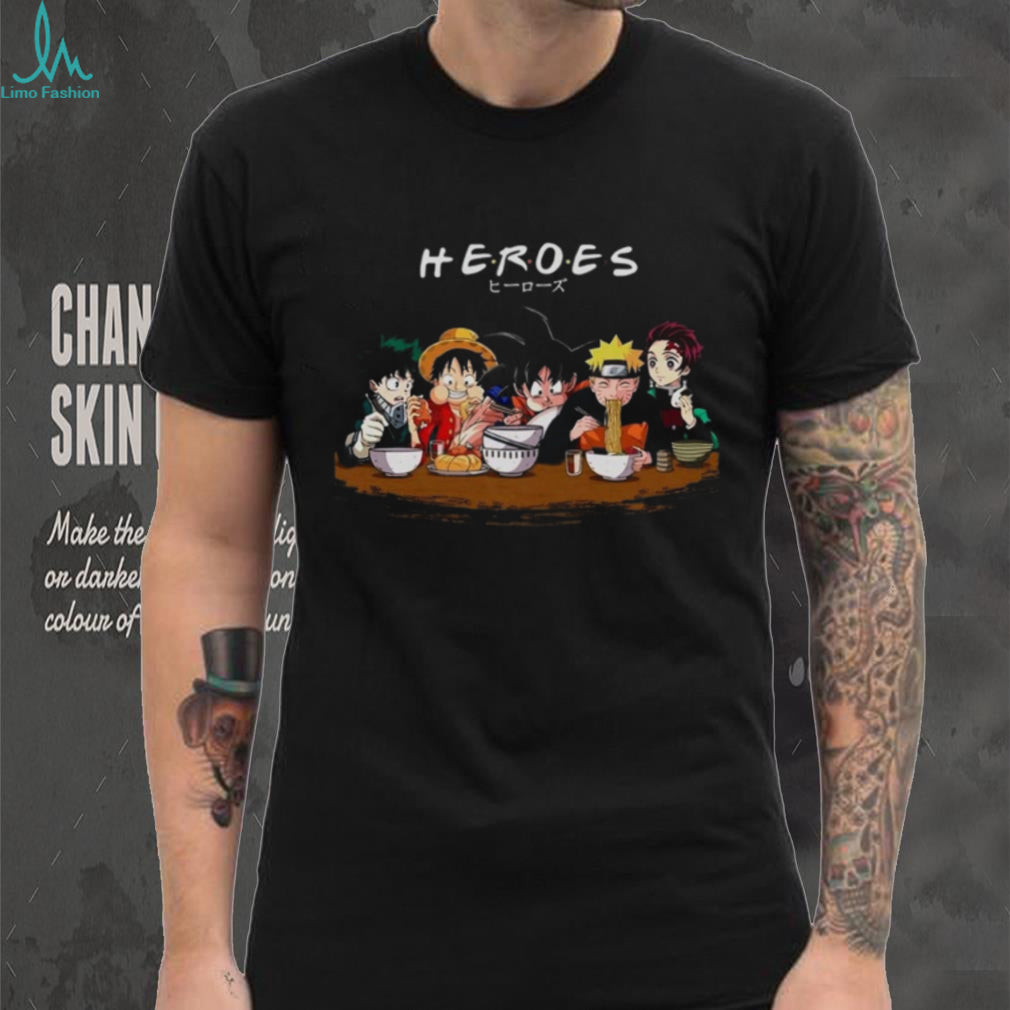 Anime Heroes Ramen Eating Mashup Characters Graphic Shirt