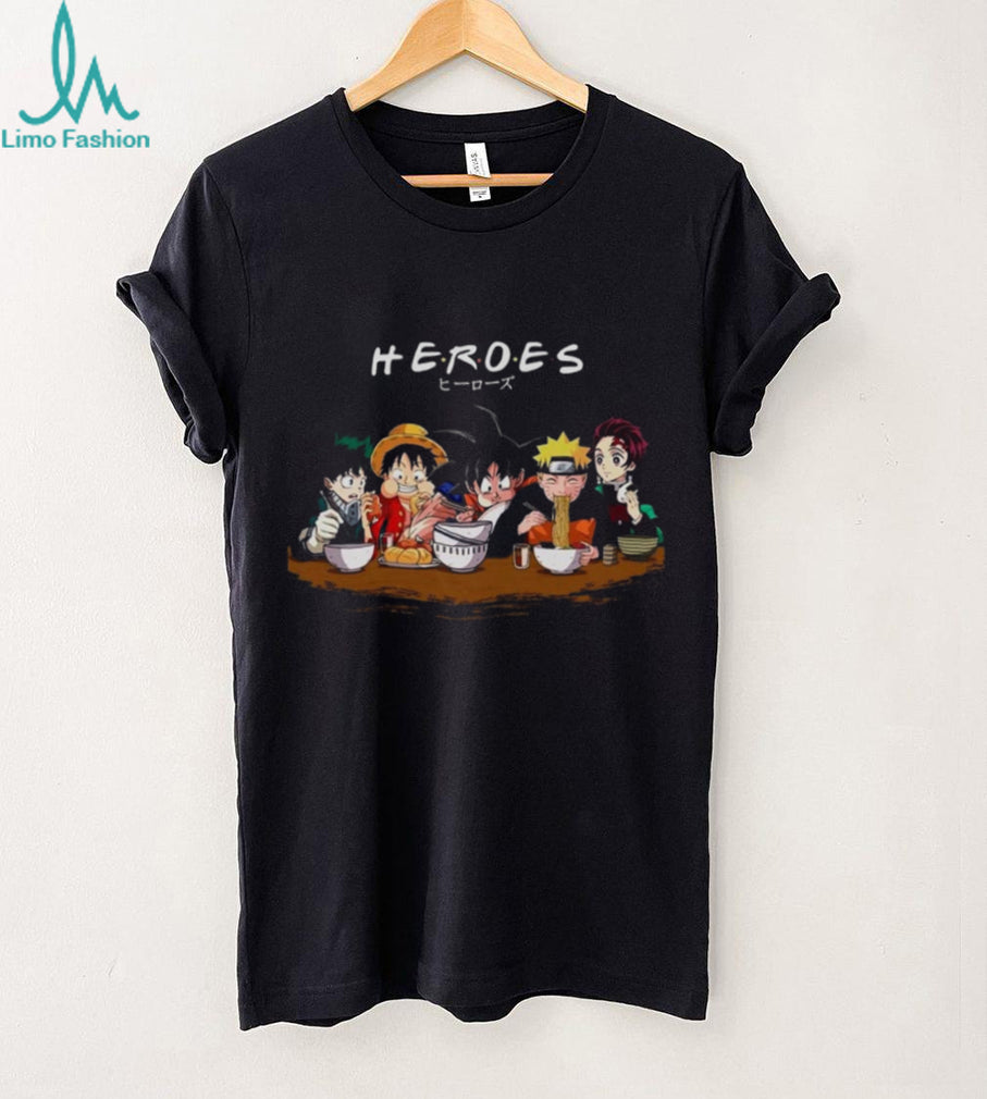Anime Heroes Ramen Eating Mashup Characters Graphic Shirt