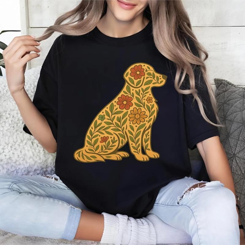 Anthropologie golden retriever T-Shirt, Floral Golden Retriever Tee, Unisex T-shirt for Men and Women, Casual Wear...