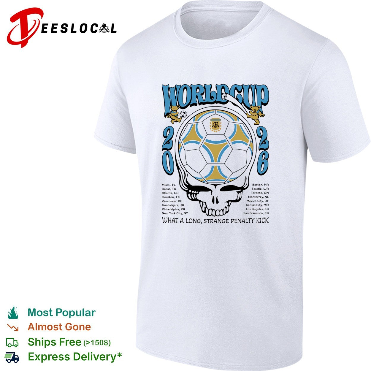 Argentina AFA World Cup 2026 Grateful Dead dancing bears what a long strange penalty kick shirt