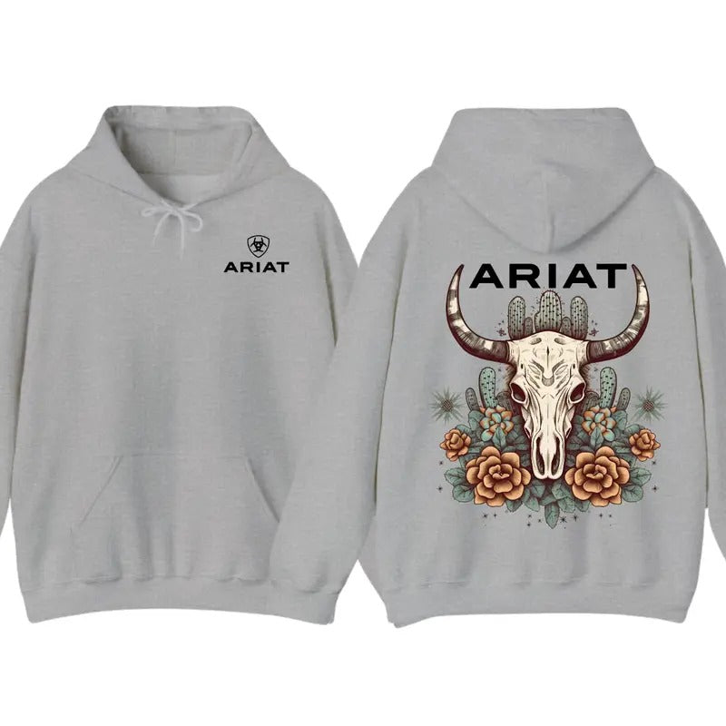 Ariat Menswear Hoodie - Bull Skull Design with Cactus Floral Patterns, Perfect for Outdoor Adventures, Casual Cotton...