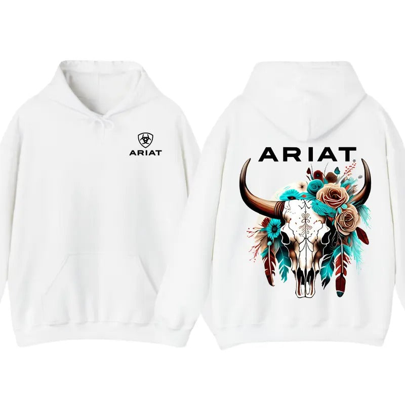 Ariat Menswear Hoodie - Wild Bull Skull Design with Intricate Floral Patterns, Perfect for Outdoor Adventures, Classic...