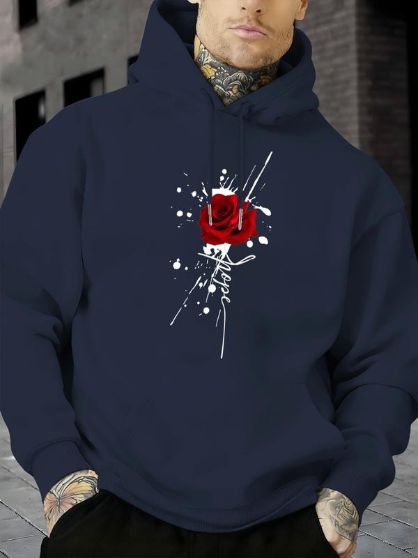 Artistic Rose Print Hoodie, Thick Fleece Streetwear Style, Loose Fit Casual Top for Fall & Winter Seasons T-Shirts,...