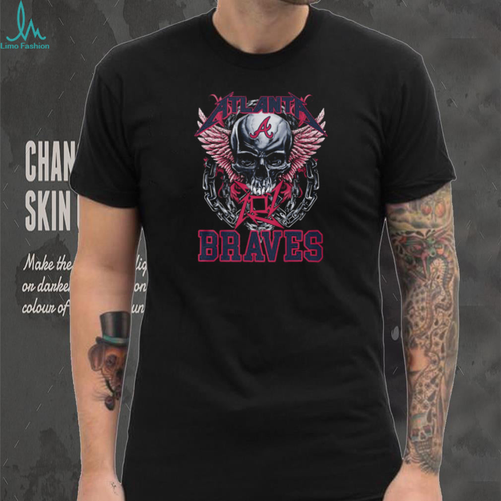 Atlanta Braves Red Letter Logo Skull Pink Wings And Heavy Metal Chains T Shirt