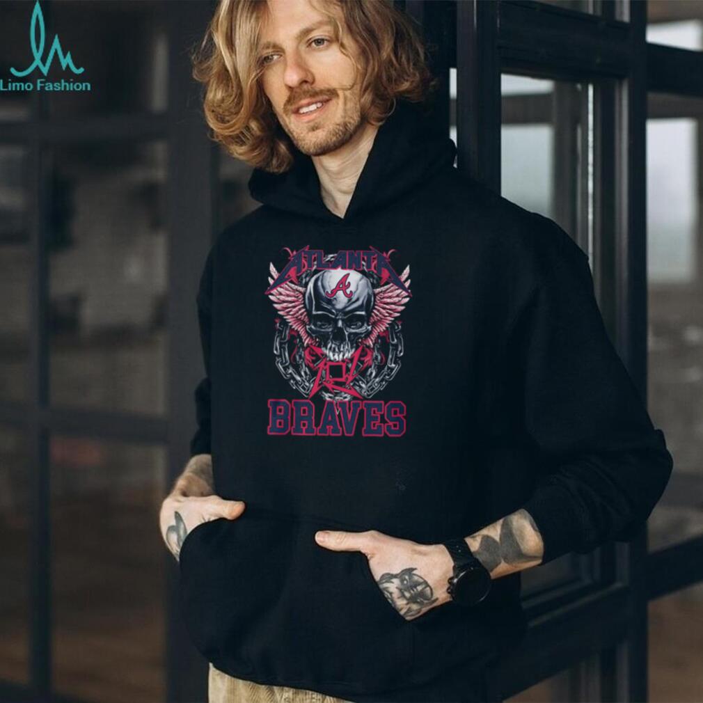 Atlanta Braves Red Letter Logo Skull Pink Wings And Heavy Metal Chains T Shirt