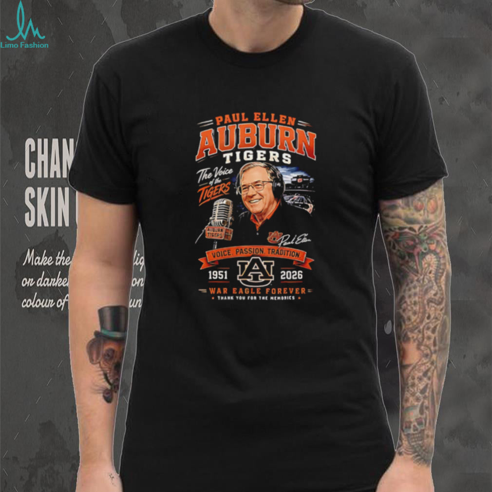 Auburn Tigers broadcaster Paul Ellen 1951 2026 voice of Auburn shirt