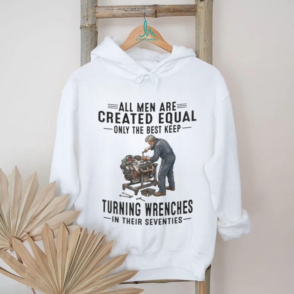 Auto Mechanic Shirt All Men Created Equal Turning Wrenches in Seventies