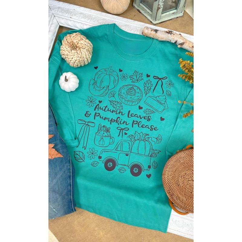 Autumn Leaves & Pumpkins Please Fall Graphic Long Sleeve T-Shirt Hoodie, Sweatshirt | PodTeesHub.com