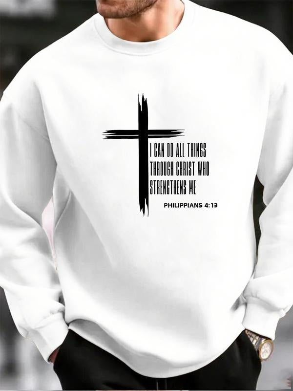 Autumn Winter Christian Cross Sweatshirt, Philippians 4:13 Bible Verse Print, Loose Fit Round Neck Faith Culture Shirt...