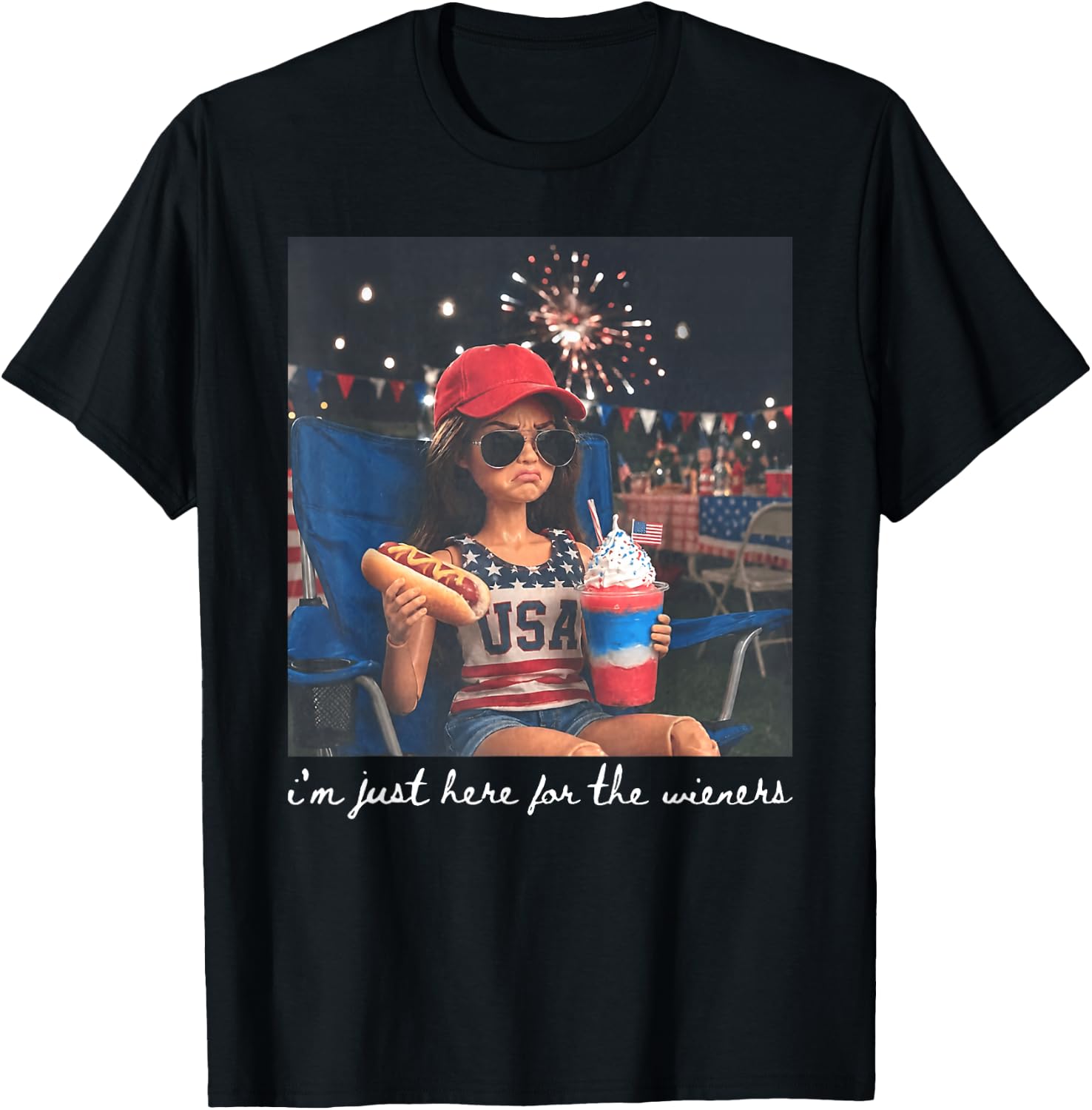 Just Here for The Wieners Funny 4th of July Girl Face Meme T-Shirt