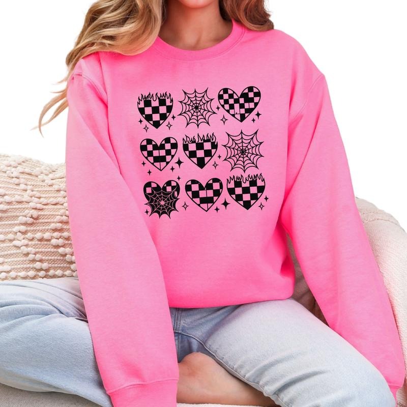 BLACK CHECKERED HEARTS & SPIDER WEBS COQUETTE Style Crewneck Sweatshirt T Shirt or Hoodie Grunge Aesthetic Pullover Retro...