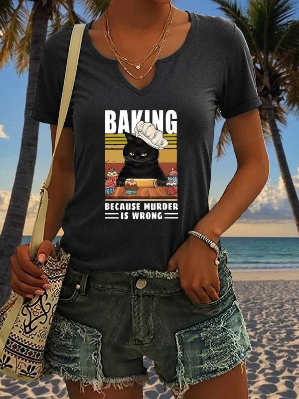 Baking Because Murder Is Wrong Cat Graphic Print T-Shirt, Casual V-Neck Short Sleeve Summer Top for Women, Trendy Graphic...