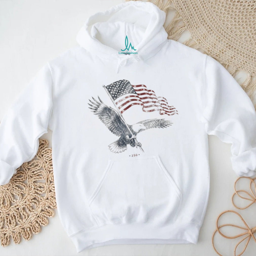 Bald Eagle clutching American flag with 250 printed on this commemorative shirt
