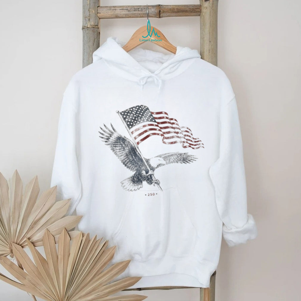 Bald Eagle clutching American flag with 250 printed on this commemorative shirt
