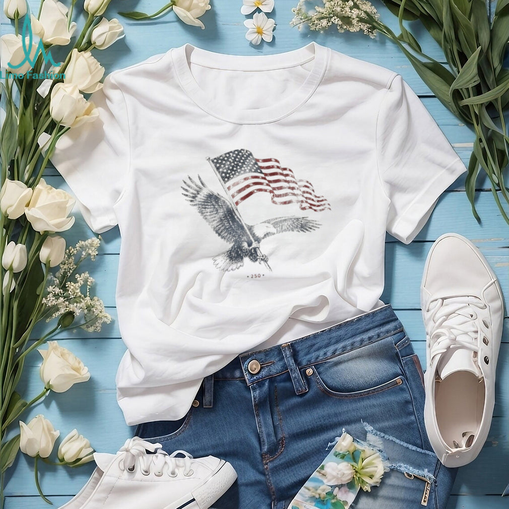 Bald Eagle clutching American flag with 250 printed on this commemorative shirt