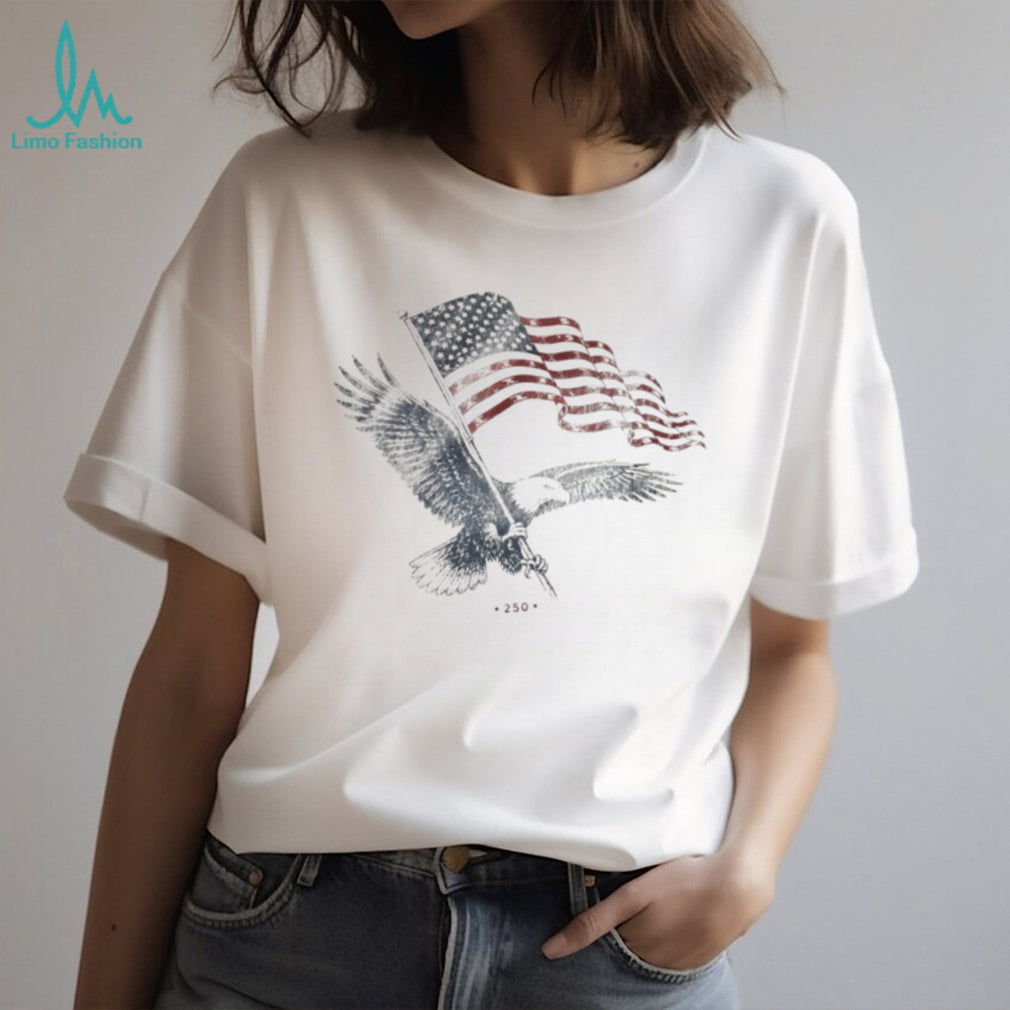 Bald Eagle clutching American flag with 250 printed on this commemorative shirt
