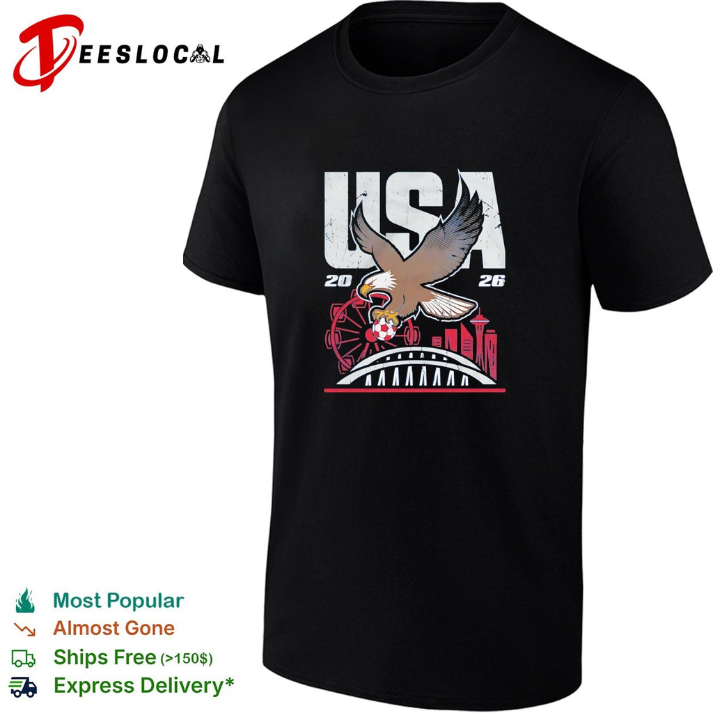 Bald eagle gripping soccer ball USA 2026 Seattle World Cup skyline shirt