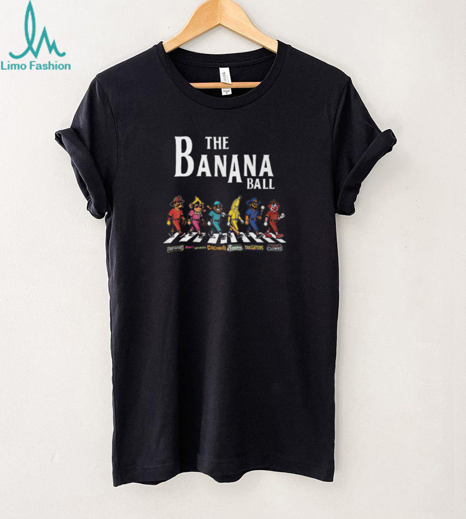 Banana Ball Mascot Characters Walking Abbey Road Style Baseball Teams Black T Shirt
