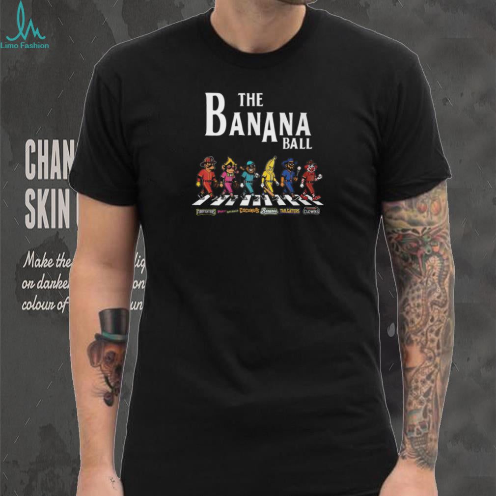 Banana Ball Mascot Characters Walking Abbey Road Style Baseball Teams Black T Shirt