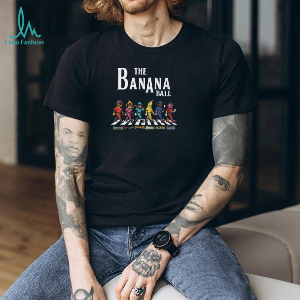 Banana Ball Mascot Characters Walking Abbey Road Style Baseball Teams Black T Shirt