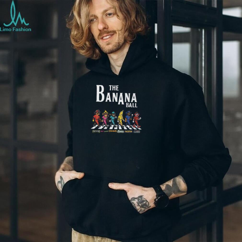 Banana Ball Mascot Characters Walking Abbey Road Style Baseball Teams Black T Shirt