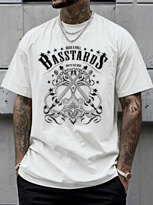 "Basstards Rock & Roll" Graphic T-Shirt | White Oversized Tee with Vintage Bass Guitar Print | Trendy Music Streetwear |...