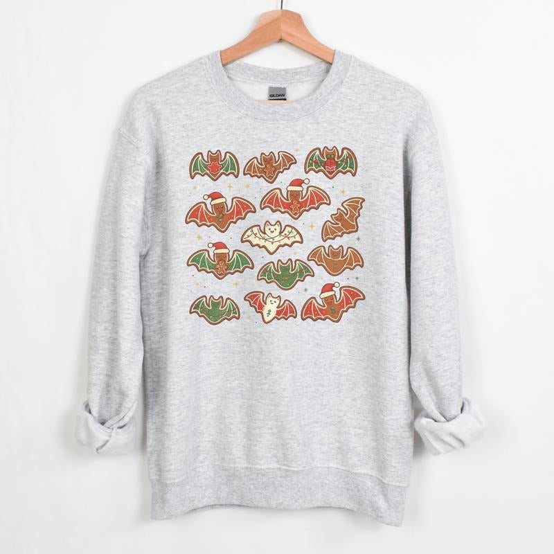 Bat Gingerbread Collage Retro Vintage  Christmas Skeletons Long Sleeve Crewneck Sweatshirt Fitted Ash Women's Casual...