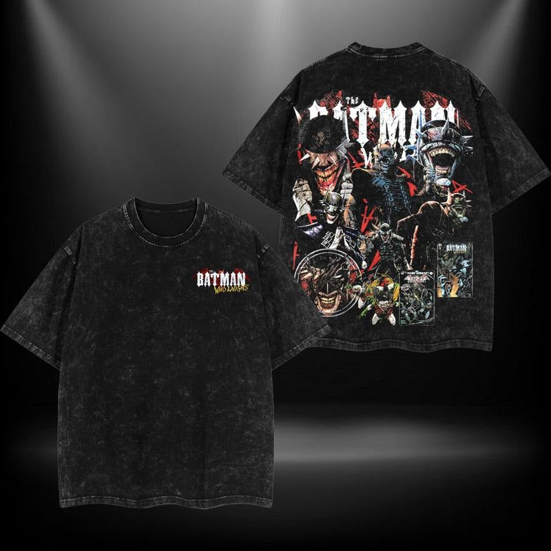 Bat Who Laugh DC Double Printed Oversize Lightweight Acid Washed Tee TV Show Graphic Top Cotton Gift T-Shirt For Comic...