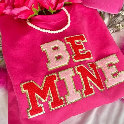 'Be Mine' Sweetheart Energy Chenille Letter Patch Sweatshirt - Valentine's Day Cozy Fleece Unisex Fit with Bold Chenille...