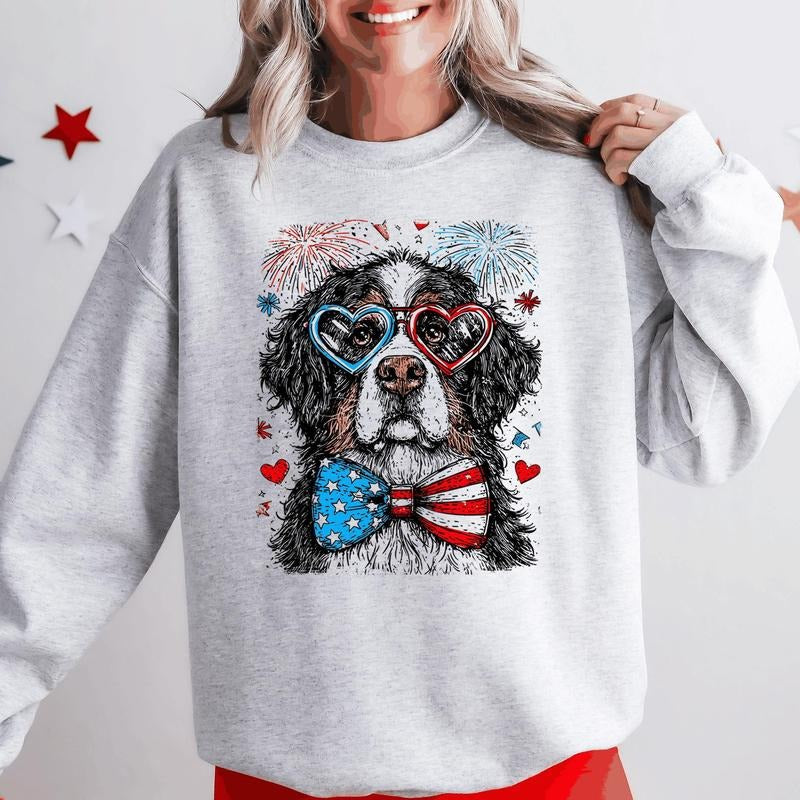 Bernese Mountain Patriotic Dog, USA, America, Pet Lover, 4th of July Sweatshirt, Crew Neck, Women's, Crewneck T-Shirts,...