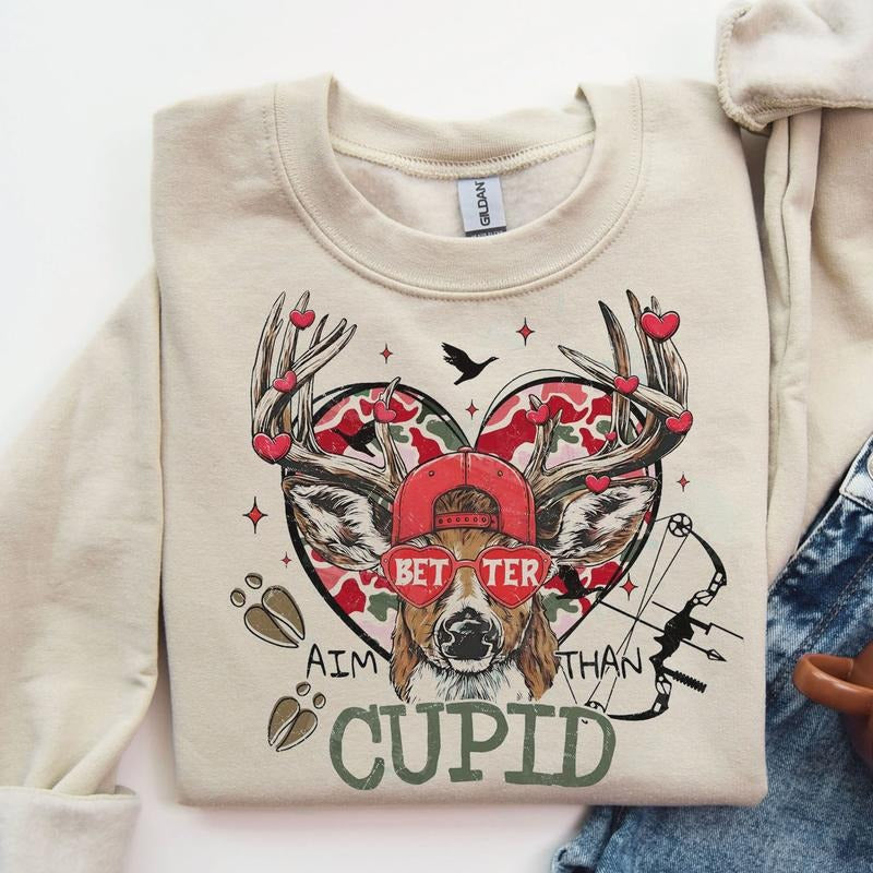 Better Aim Than Cupid Deer Valentines Unisex Sweater, Retro Valentines Hunting Camo Shirt, Valentine Gifts for Deer...