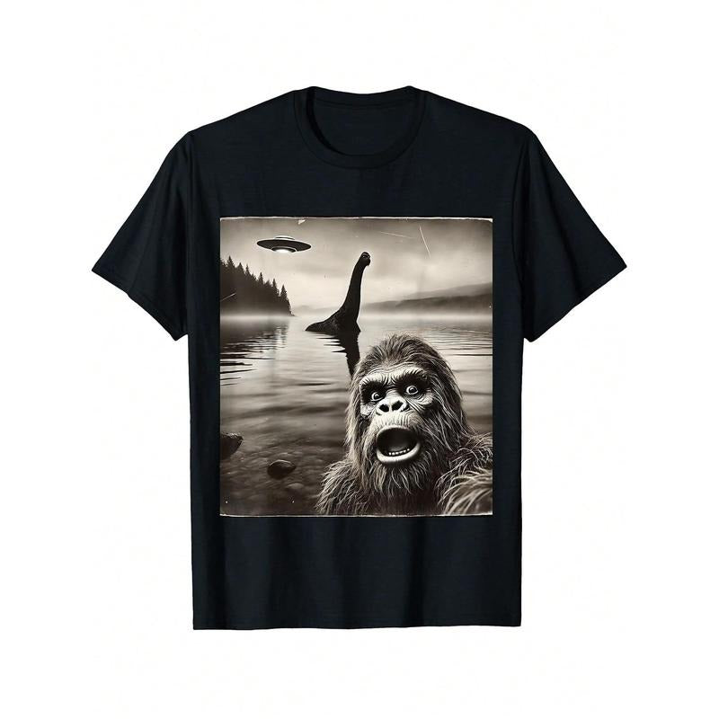 Big-Foot Selfie With Loch Ness Monste And UFO Aliens Graphic T-Shirt, Unisex Graphic T Shirts, Cotton Hoodie, Sweatshirt