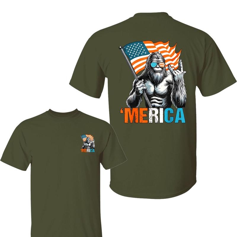 Bigfoot Merica Rock American Flag Patriotic 4th Of July T-Shirt, Outfits Summer Tee Gift For BF Men's Short Sleeve Cotton...