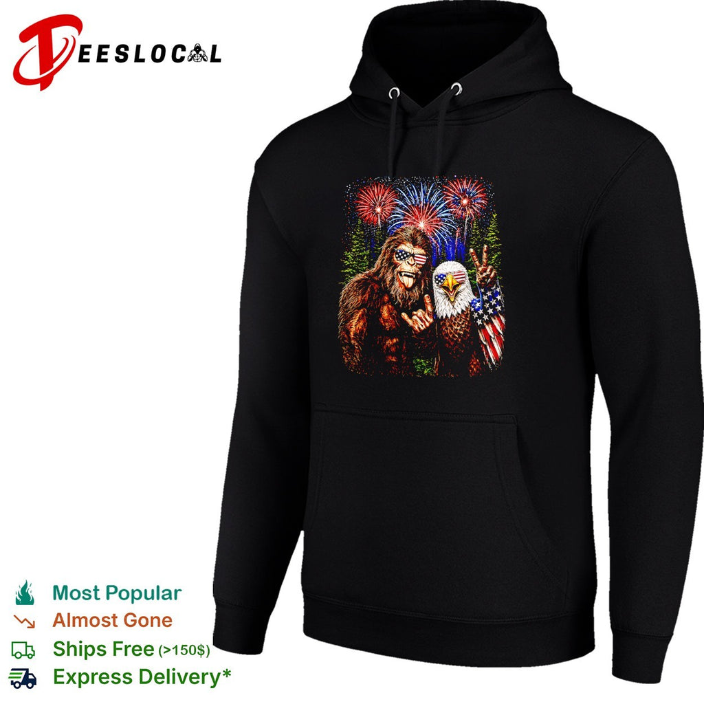 Bigfoot and bald eagle wearing USA sunglasses fireworks shirt