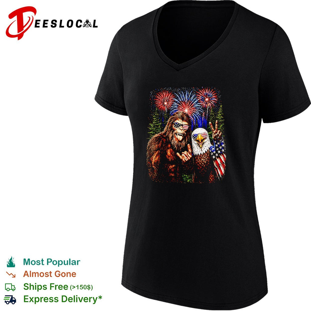 Bigfoot and bald eagle wearing USA sunglasses fireworks shirt