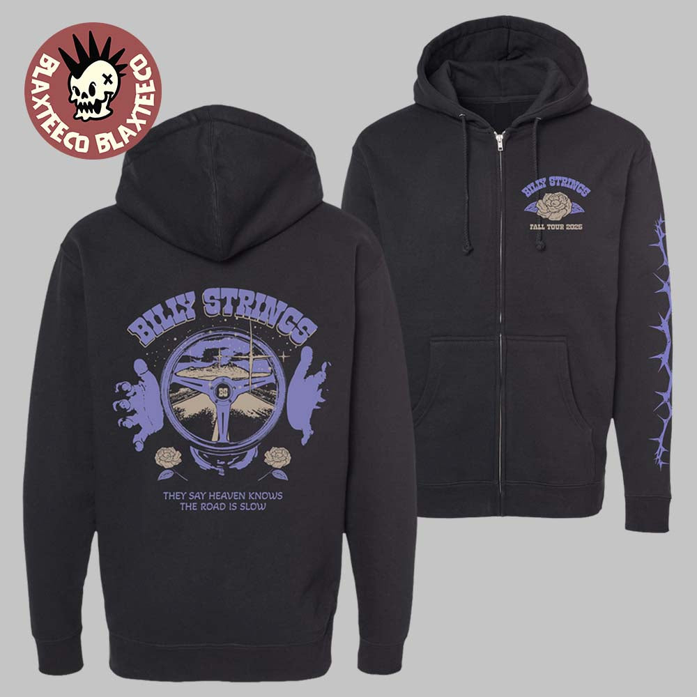 Billy Strings Fall 2025 Tour North American Merch They Say Heaven Knows The Road Is Slow Steering Wheel Zip Up Hoodie