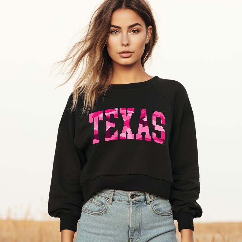 Black Camo State Name Cropped Sweatshirt Comfortable Fall Varsity Pullover Women's Fashion Crew Neck Texas Tennessee...