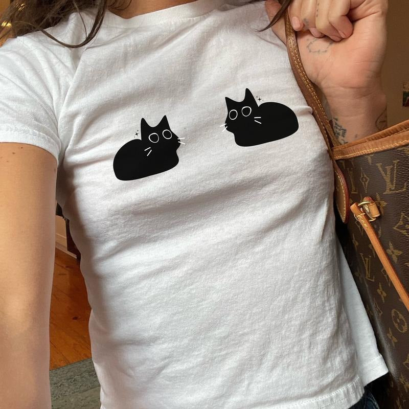 Black Cat Baby Tee, Halloween Tee, Cat Lover Shirt, Cat Mom, Alt Goth Aesthetic, Y2k Tee, Coquette Top, Spooky Cat Shirt...