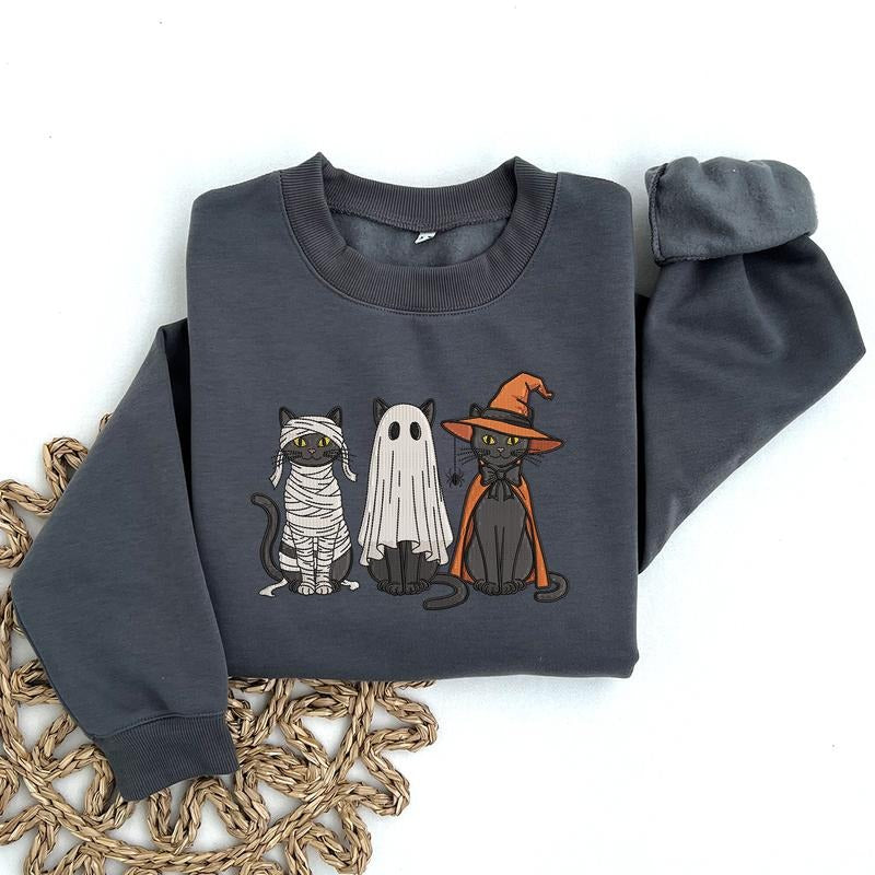 Black Cat Embroidered Sweatshirt, Ghost Cat Sweatshirt, Halloween Cat Mama Sweatshirt, Cute Autumn Spooky Season, Cat...