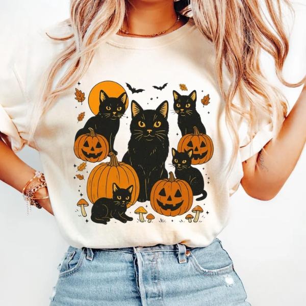 Black Cat Pumpkin Ghots Cat Shirt, Retro Black Cat Fall T-Shirt, Halloween Cat Mama Shirt Hoodie, Sweatshirt | PodTeesHub.com