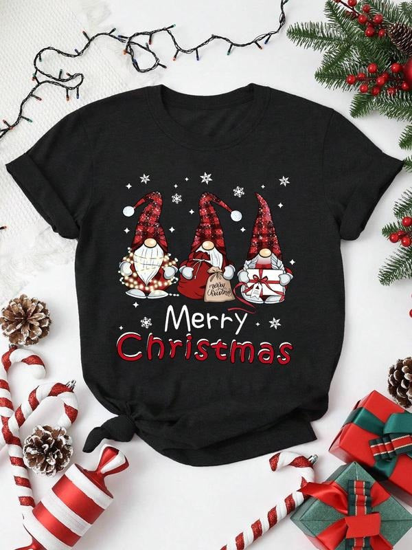 Black Christmas T-Shirt with 3 Gnomes Design, Unisex Holiday Party Wear, Ideal for Xmas Hoodie, Sweatshirt | PodTeesHub.com