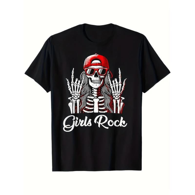 Black Cotton Punk Rock T-Shirt for Girls with Bold Skull Print Relaxed Fit and Easy Care for Casual Outings Hoodie,...