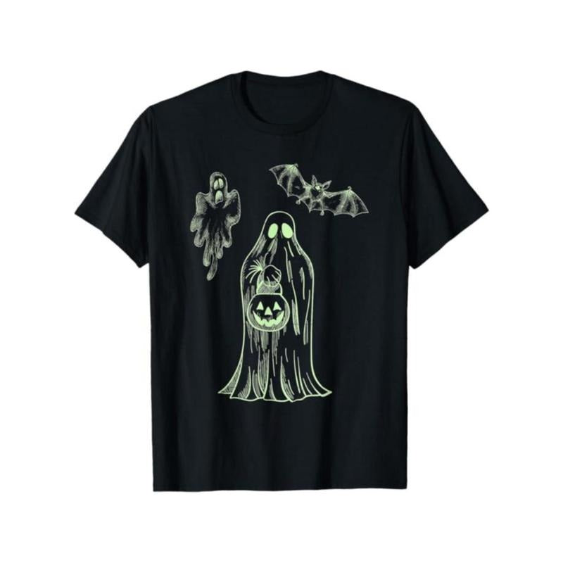 Black Halloween T-Shirt for Men Featuring Glow in the Dark Ghosts and Bats Ideal for Casual Parties and Themed Events Made